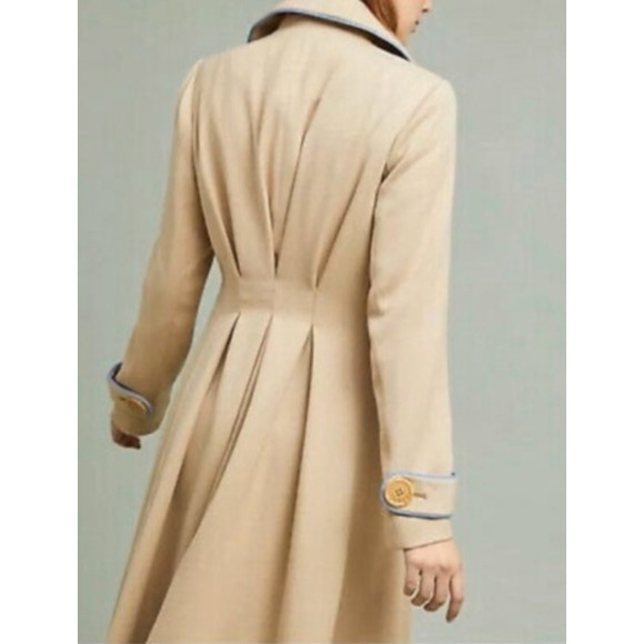 Statement Anthropologie Blue Piped Tan Fall Trench Coat Boho Parisian Size-8 - Picture 1 of 11